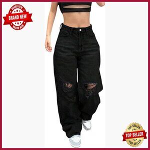 High Waisted Wide Leg Ripped Jeans Distressed Boyfriend Denim Pants